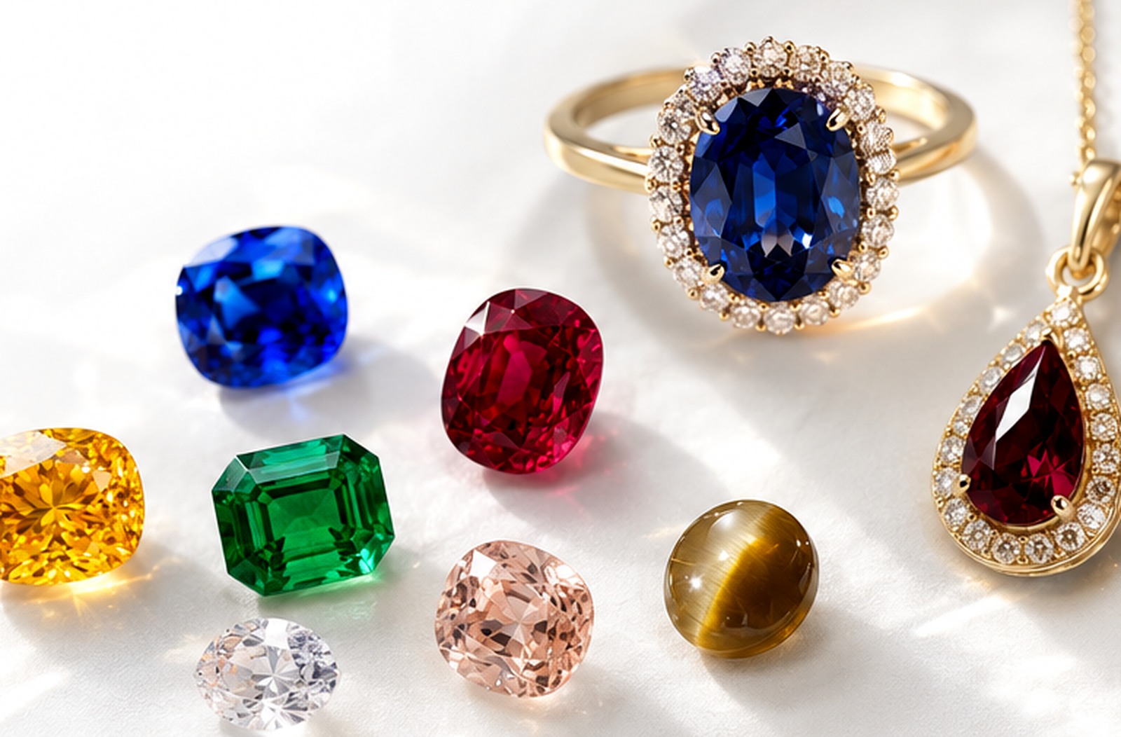 Natural gemstones and fine jewellery presented in a luxury campaign setting