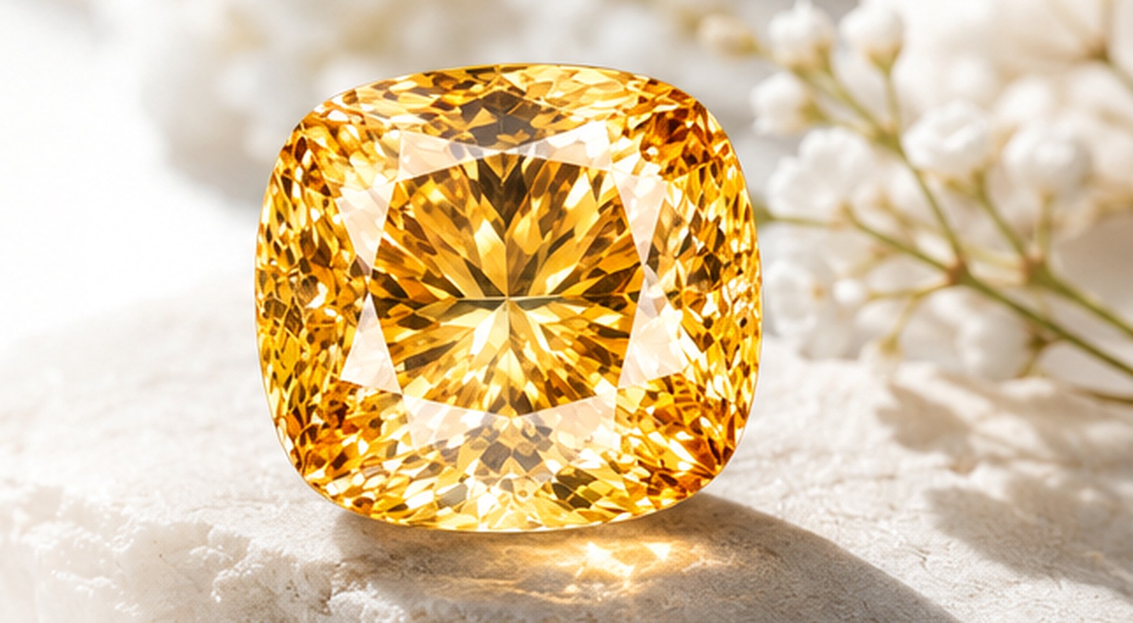 Golden yellow sapphire on sculpted white stone